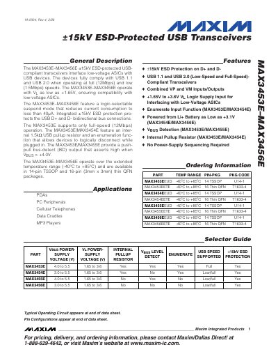 Maxim MAX3453E–MAX3456E USB Transceiver Datasheet