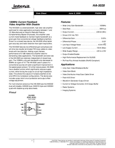 Intersil HA-5020 Video Amplifier Datasheet - cover page