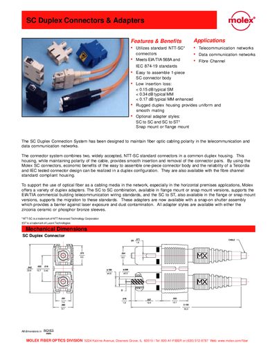 Molex SC Duplex Connectors and Adapters Handbook - cover page