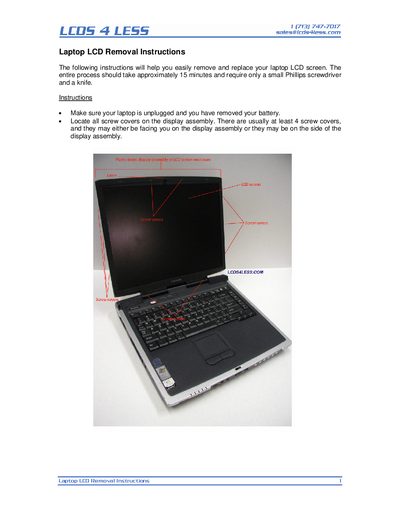 LCDS4LESS Laptop LCD Removal Instructions - cover page