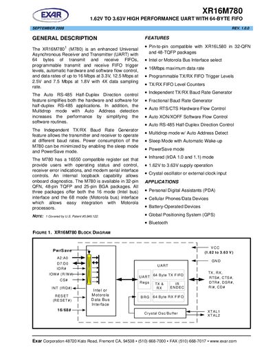 EXAR XR16M780 1.62V TO 3.63V HIGH PERFORMANCE UART WITH 64-BYTE FIFO - cover page