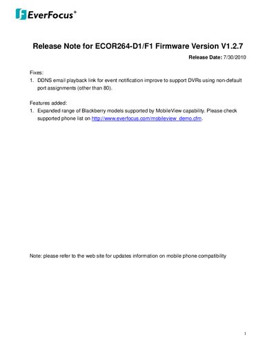EverFocus ECOR264-D1/F1 Firmware V1.2.7 Release Note - cover page