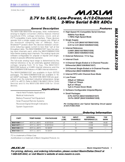 MAXIM 2.7V to 5.5V Low-Power 4-/12-Channel 2-Wire Serial 8-Bit ADCs MAX1036 MAX1039 handbook - cover page