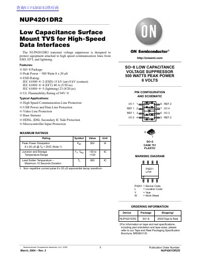 ON Semiconductor NUP4201DR2 Low Capacitance TVS Datasheet - cover page