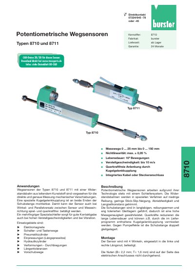 Burster 8710/8711 Potentiometric Displacement Sensors Datasheet - cover page