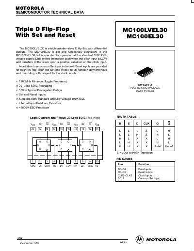 Motorola MC100LVEL30/MC100EL30 Triple D Flip-Flop Datasheet - cover page
