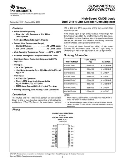CD54/74HC139 CD54/74HCT139 High-Speed CMOS Logic Dual 2-to-4 Line Decoder/Demultiplexer Manual - cover page