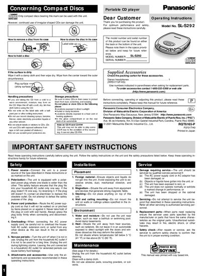 Panasonic SL-S292 Portable CD Player Operating Instructions - cover page