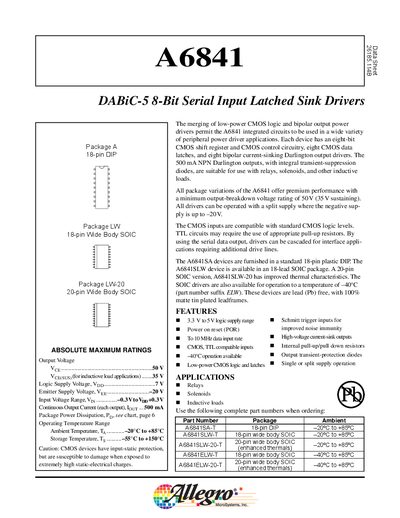 Allegro A6841 DABiC-5 8-Bit Serial Input Latched Sink Drivers Datasheet