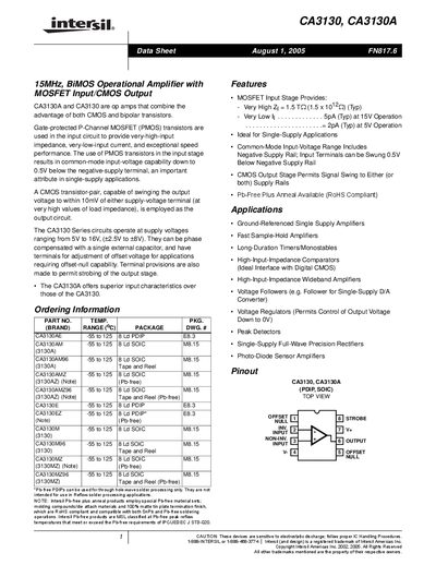 Intersil CA3130/CA3130A Operational Amplifier Datasheet - cover page
