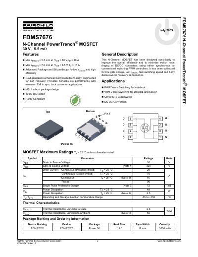 Fairchild Semiconductor FDMS7676 N-Channel MOSFET Datasheet - cover page