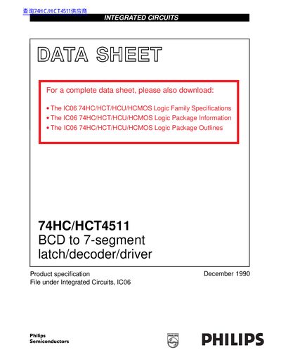 Philips Semiconductors 74HC/HCT4511 BCD to 7-Segment Latch/Decoder/Driver Datasheet