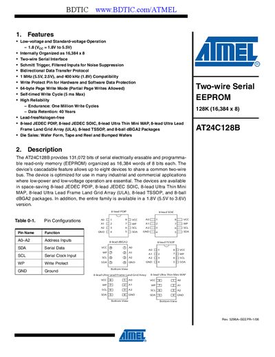 Atmel AT24C128B EEPROM Datasheet - cover page