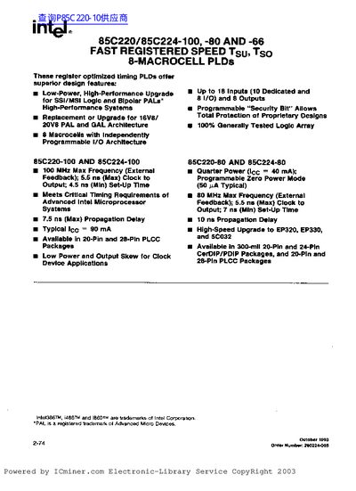 Intel 85C220/85C224-100/-80/-66 Datasheet - cover page