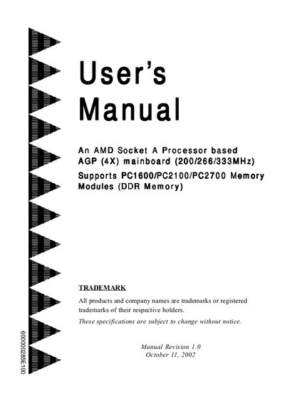 An AMD Socket A Processor based AGP (4X) mainboard (200/266/333MHz) Supports PC1600/PC2100/PC2700 Memory Modules User's Manual - cover page