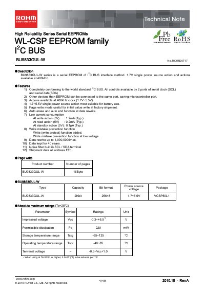 ROHM BU9833GUL-W Serial EEPROM Technical Note - cover page