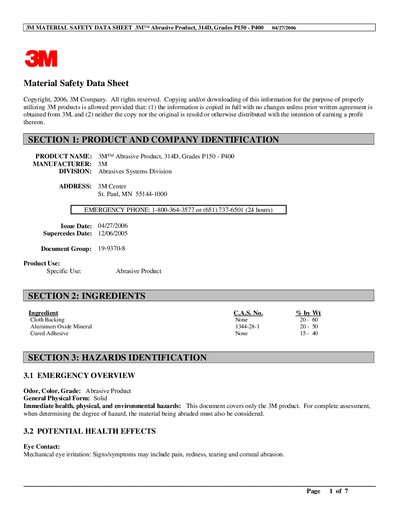 3M 314D Abrasive Product Material Safety Data Sheet - cover page