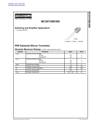 Fairchild Semiconductor BC307/308/309 PNP Epitaxial Silicon Transistor Datasheet - cover page