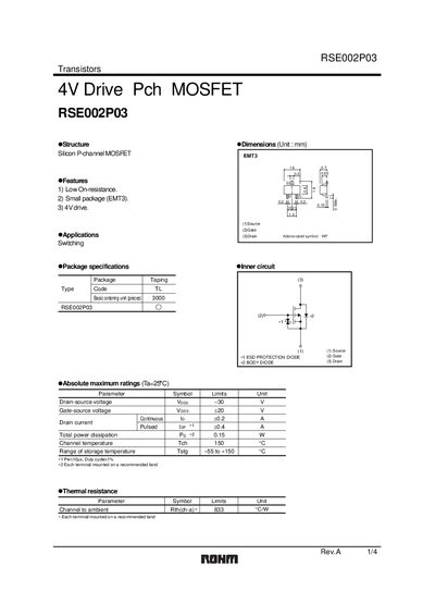 ROHM RSE002P03 P‑Channel MOSFET Datasheet - cover page
