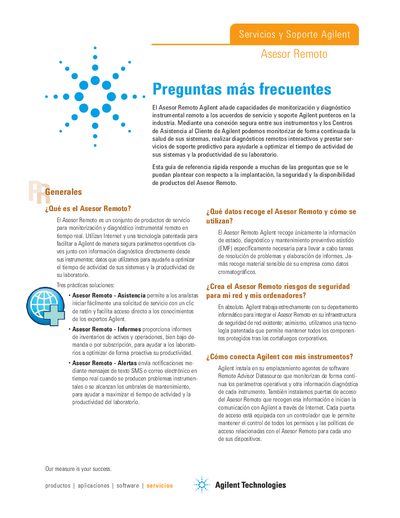 Agilent Spanish version - Remote Advisor Frequently Asked Questions Brochure Brief - 5989-6440ESES Manual - cover page