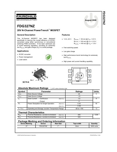 Fairchild Semiconductor FDG327NZ 20V N-Channel PowerTrench MOSFET Datasheet - cover page