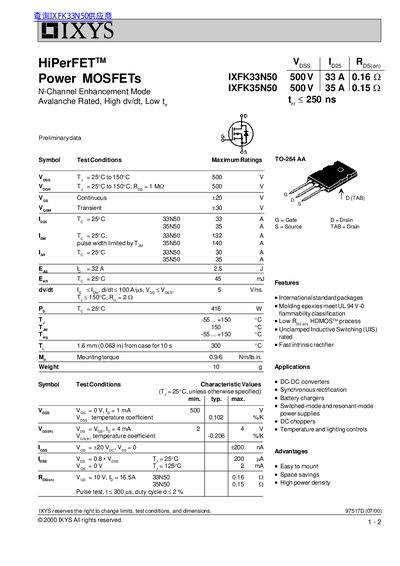 IXYS IXFK33N50/IXFK35N50 Power MOSFET Datasheet - cover page