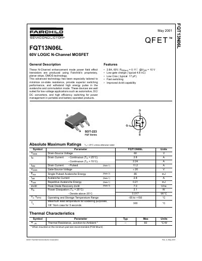 Fairchild Semiconductor FQT13N06L 60V Logic N-Channel MOSFET Datasheet - cover page