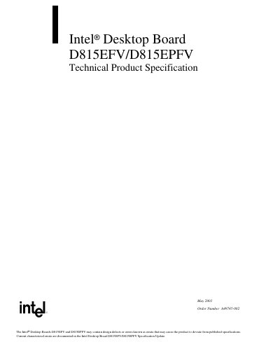 Intel D815EFV/D815EPFV Desktop Board Technical Product Specification - cover page