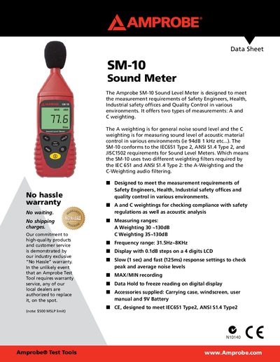 Amprobe SM-10 Sound Meter Data Sheet - cover page