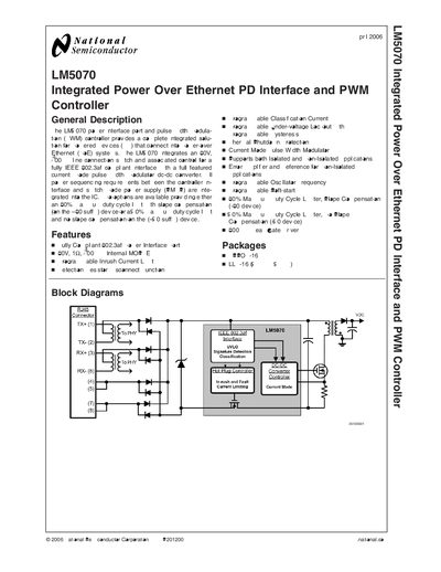 National Semiconductor LM5070 Integrated Power over Ethernet PD Interface PWM Controller Datasheet - cover page