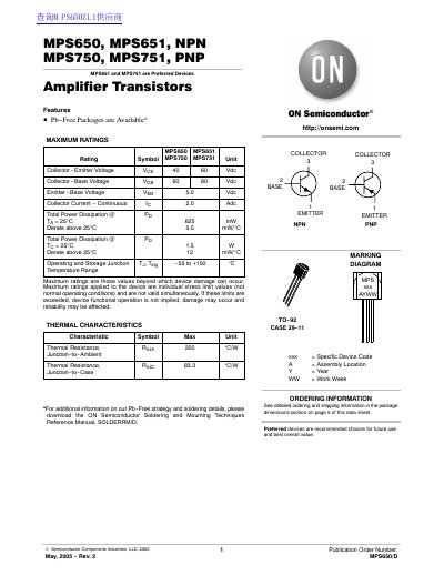 ON Semiconductor MPS650 MPS651 NPN MPS750 MPS751 PNP handbook - cover page