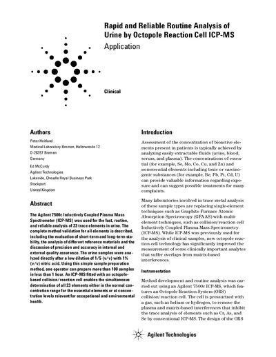 Agilent 7500c ICP-MS Urine Analysis Application Note - cover page