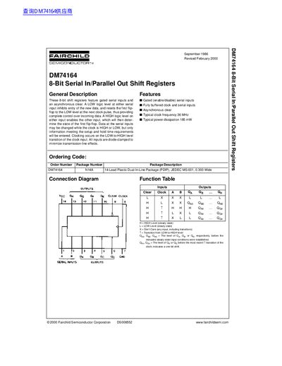 Fairchild Semiconductor DM74164 8-Bit Serial In/Parallel Out Shift Registers Datasheet