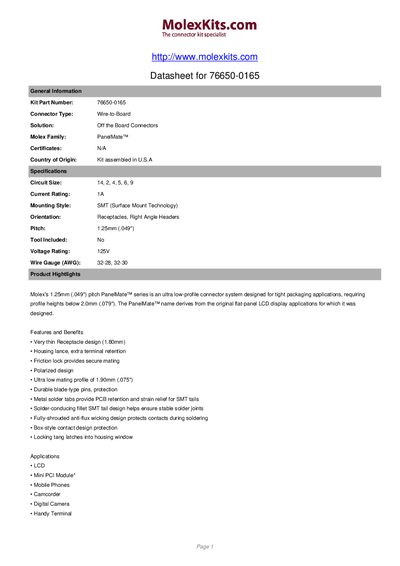 Molex 76650-0165 Wire-to-Board Datasheet - cover page