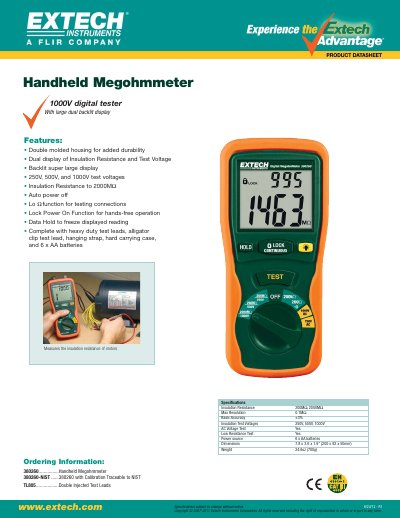 EXTECH 380260................Handheld Megohmmeter 380260-NIST ......380260 with Calibration Traceable to NIST TL805..................Double Injected Test Lead User's Guide - cover page