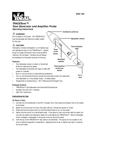 IDEAL 62-140 TRACETone Tester Instructions Manual - cover page