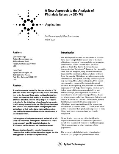 Agilent A New Approach to the Analysis of Phthalate Esters by GC/MS Application Note - cover page