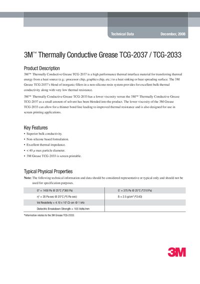 3M TCG-2037 / TCG-2033 Thermally Conductive Grease Datasheet - cover page