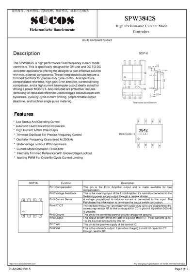 SECOS SPW3842S High Performance Current Mode Controllers Manual - cover page