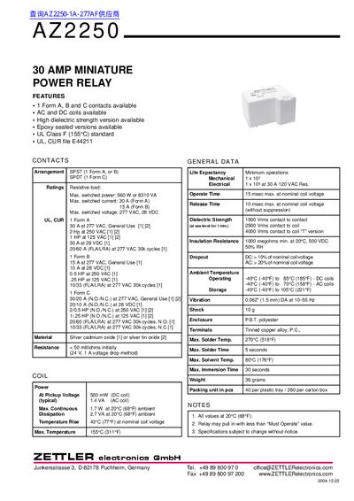 ZETTLER AZ2250 Miniature Power Relay Datasheet - cover page