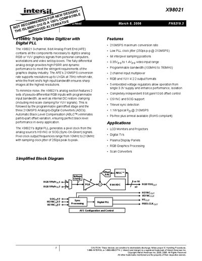 Intersil X98021 Triple Video Digitizer Datasheet - cover page