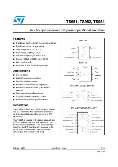 STMicroelectronics TS951/TS952/TS954 Operational Amplifiers Datasheet