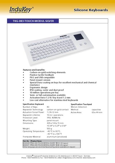 InduKey TKG-083-TOUCH-MODUL-SILVER Panel-Mount Keyboard Product Leaflet - cover page