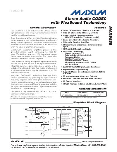 Maxim MAX9888 Stereo Audio CODEC Datasheet - cover page