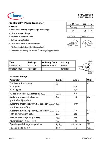 Infineon SPD02N60C3 Datasheet - cover page