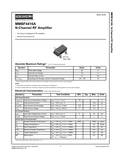 Fairchild Semiconductor MMBF4416A N-Channel RF Amplifier Datasheet - cover page