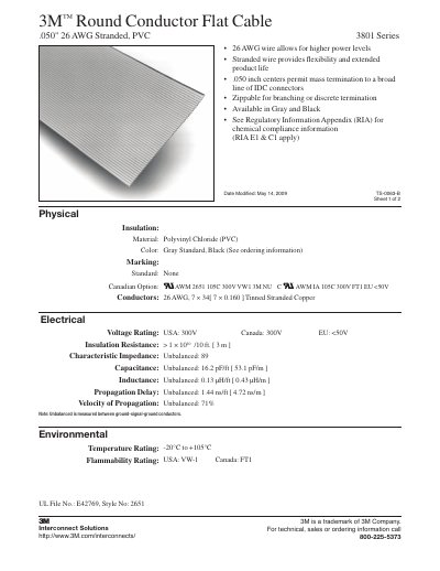 3M 3801 Series Round Conductor Flat Cable Datasheet - cover page