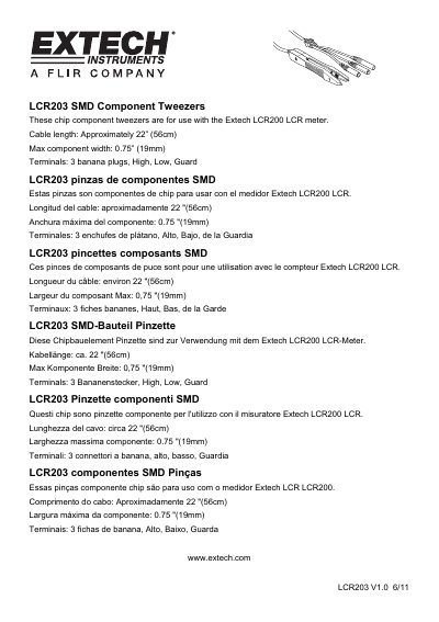 Extech LCR203 SMD Component Tweezers Product Leaflet - cover page
