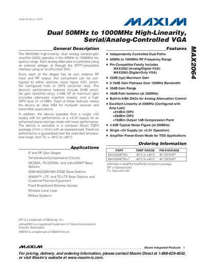 Maxim MAX2064 Dual 50MHz‑1000MHz High‑Linearity VGA Datasheet - cover page