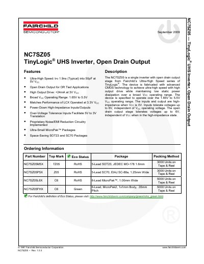 Fairchild Semiconductor NC7SZ05 TinyLogic UHS Inverter Datasheet - cover page